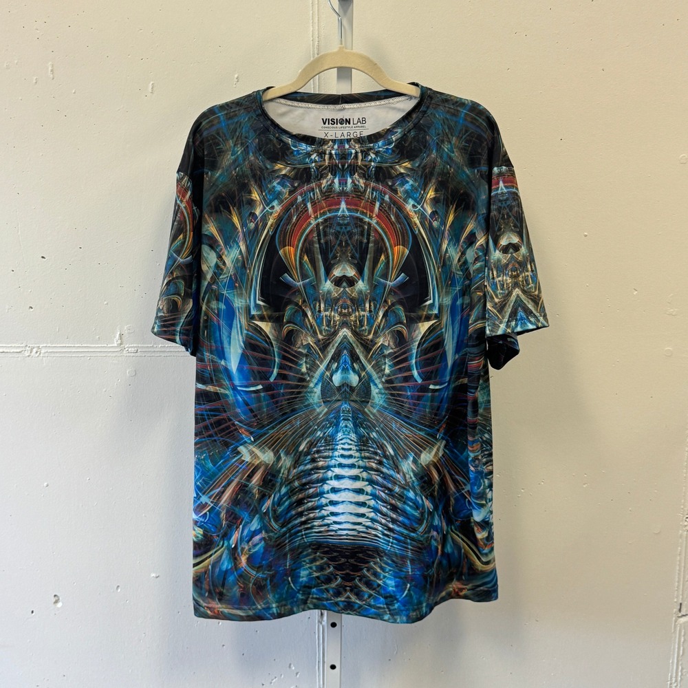 Vision Lab Jonathan Singer Art T-Shirt XL Blue Psychedelic Fractal Print Men's